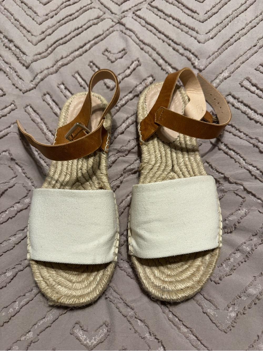 J. Crew White Canvas and Tan Leather Espadrille Sandals